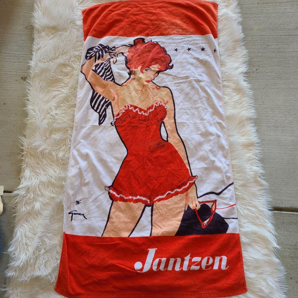 Vintage Jantzen Beach Towel Pinup 50's Rene Gruau Redhead Retro Swimwear Wrap